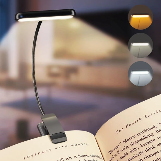 USB-C Rechargeable LED Book Light — Clip-On Reading Lamp with 3 Color Modes & 10 Brightness Levels